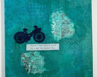 10 by 10 Original Mixed Media canvas, "Travel the World”, teal map and bike art