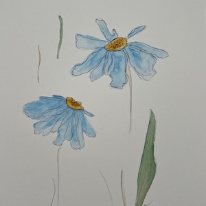 9 per 12 Acquerello originale di fiore blu su carta da acquerello, senza passepartout, senza cornice