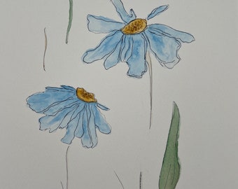 9 x 12 Original-Aquarell einer blauen Blume auf Aquarellpapier, kein Passepartout, kein Rahmen