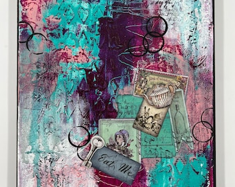 8 X 10 Original Mixed Media Canvas Alice in Wonderland, “A tea party”