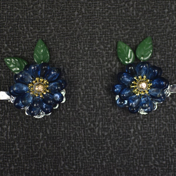 A Pair of Handmade Blue Succulent Flower Silver Hair Clip Chinese Hair Accessories