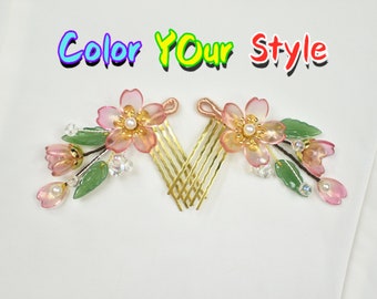 A Pair of Pink Orange Flower Handmade Chinese Hair Comb Hair Jewelry Hair Accessories Hair Pin Clearance Sale