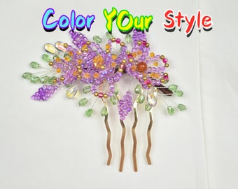 Bead Purple Flower Handmade Golden  Chinese Hair Comb Hair Jewelry Hair Accessories Hair Pin Clearance Sale