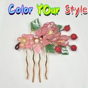 Grapefruit Pink Flower Chinese Hair Comb With Acrylic Red Berry Handmade Golden Hair Comb Clearance Sale