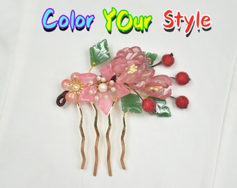 Grapefruit Pink Flower Chinese Hair Comb With Acrylic Red Berry Handmade Golden Hair Comb Clearance Sale