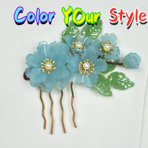 Blue & Green Flower Handmade Hair Comb Blue Hair Comb Green Hair Comb Clearance Sale