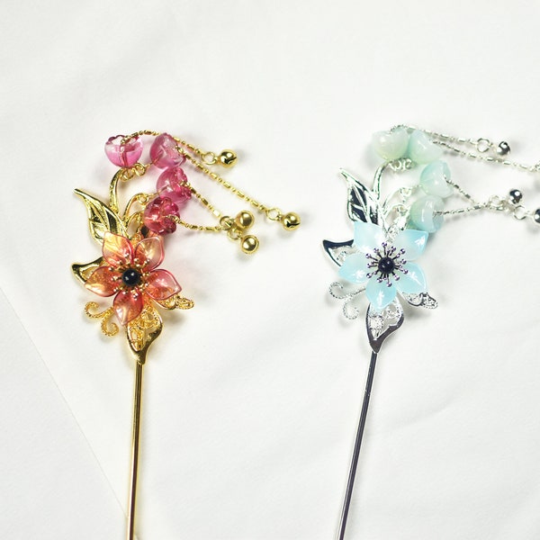 Handmade Lily Flower With Bell Dangle Chinese Copper Hair Pin Hair Stick For Bun and Hanfu Prom Dress