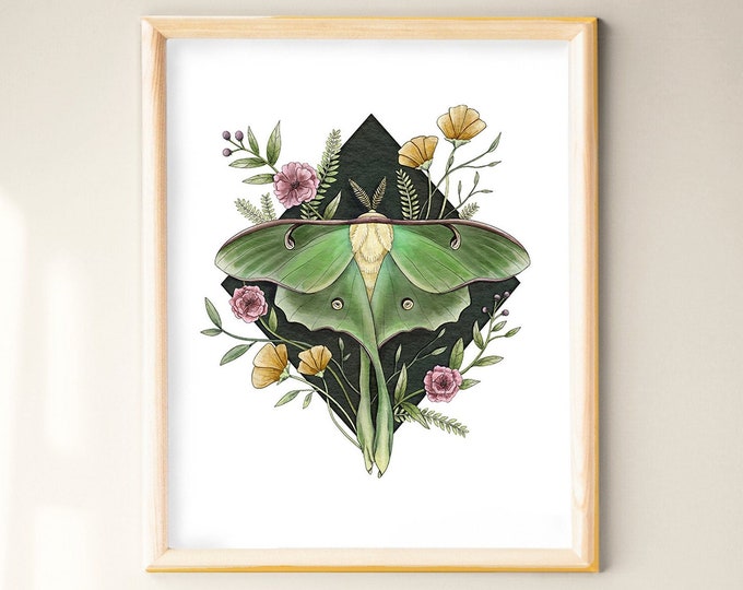 Luna Moth and Flowers Art Print | Home Wall Decor Giclée Fine Art Print ...
