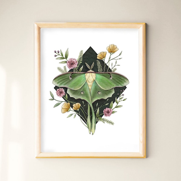 Luna Moth and Flowers Art Print | Home Wall Decor Giclée Fine Art Print | Botanical & Insect Illustration