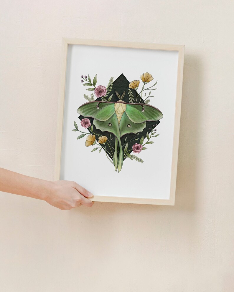 Luna Moth and Flowers Art Print | Home Wall Decor Giclée Fine Art Print ...