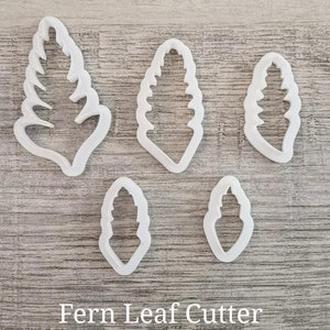 May include: A set of five white plastic fern leaf cutters in various sizes. The cutters are arranged on a light gray wooden surface. The text "Fern Leaf Cutter" is printed at the bottom of the image.