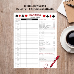 May include: A printable Canasta score card on US Letter paper. The card features sections for rounds, players, scoring base, bonus cards, special hands, and card count. A cup of coffee, pen, and notepad are in the background.