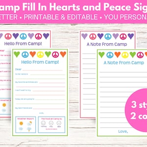 Campamento de verano Complete hojas de letras Corazones y signos de la paz