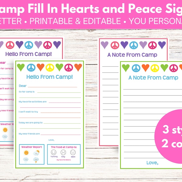 Summer Camp Fill In Letter Sheets Hearts and Peace Signs