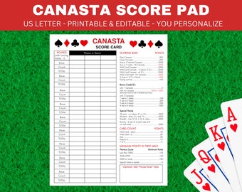 Learn and Play Canasta, Score Sheet, Rules, and Quick Reference Guide ...