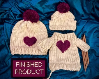 For Grogu - Hand Knit - Cozy Heart Sweater and Toboggan for Grogu / Baby Yoda and matching Toboggan for You