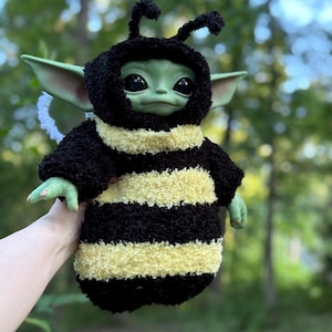 Custom Bumble Bee Hoodie - For the Original 11 inch Grogu Doll - Hand Knitted - Ready to Ship
