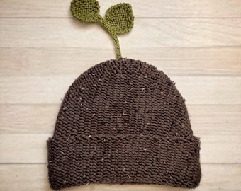 Ready to Ship! - Sprouted Beanie with Poseable Leaf - Hand Knit with Super Soft Tweed Yarn