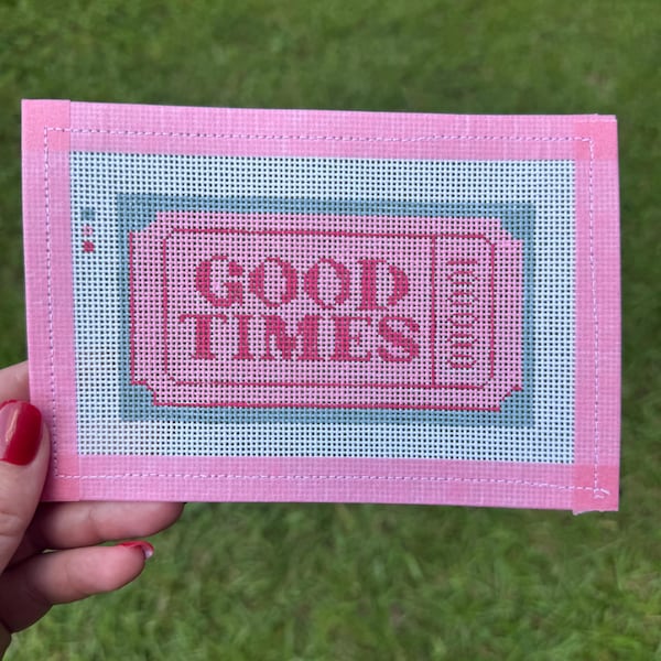 Ticket for a Good Time- Hand Painted Needlepoint Canvas- 4x6 Frame Insert Finishing Kit