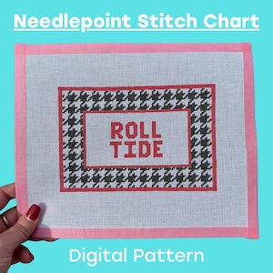 May include: Needlepoint stitch chart with a pink border and the text "ROLL TIDE" in red. The chart features a black and white houndstooth pattern and the words "Digital Pattern".