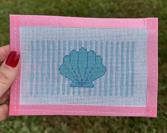 Blue and White Seashell- Hand Painted Needlepoint Canvas- 4x6 Frame Insert Finishing Kit