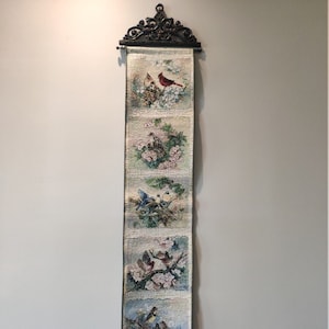 Lena Liu Tapestry with Ornate Resin Hanger, Vintage 5 Panels Birds Tapestry Bell Pull 50&quot;
