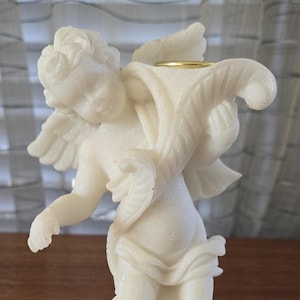 Composite Alabaster Cherubs Candlestick, Vintage Italian Putti Angel Cupid Candle Holder 6.5&quot;