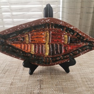 Rossini Italian Majolica Fish Plate 14.5" Tribal Sgraffito Terracotta Originals MCM Pottery Multicolored Geometric Vintage Decorative Dish