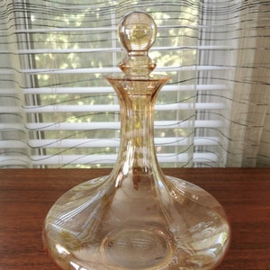 Captain's Ship Decanter Bottle, Vintage Light Peachy Amber Hand Blown Art Glass Bottle 10"