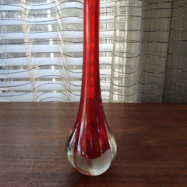 Sommerso Art Glass Teardrop Bud Vase, Red and Clear Hand Blown Vintage Cased Vase with 3 section Base 10"