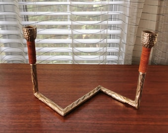 Hammered Brass Double Candlestick Holder, Vintage Modernist Zigzag Textured 2 Tapered Candles Holder 11.5&quot;