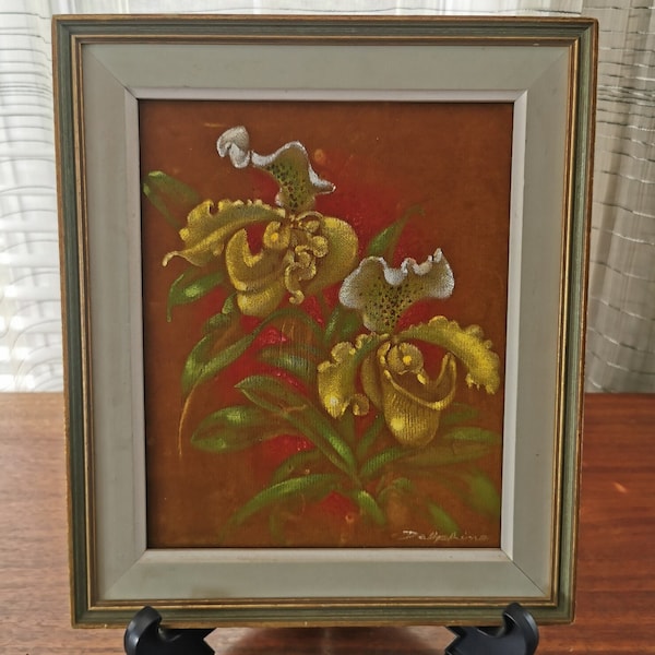 Oil Painting on Velvet Yellow Orchids, Vintage Wood Framed Floral Artwork 14.25" x 12" signed