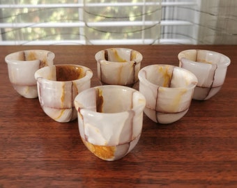 Onyx Shot Glasses Set of 6, Vintage Natural Stone Saki Cups or Cordial Glasses 1 5/8"