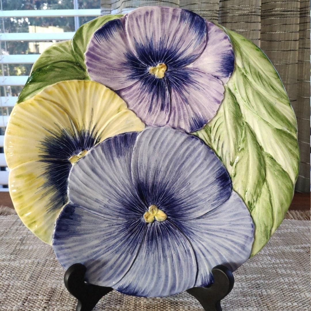 Italian Hand Painted Pansy Plate, Relief Flowers Vintage Made in
