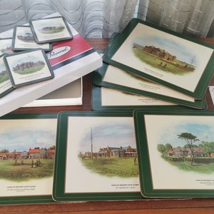 Set of 12 Pimpernel Placemats and Coasters, Made in England Vintage 6 Placemats and 6 Coasters, Famous British Golf Clubs "