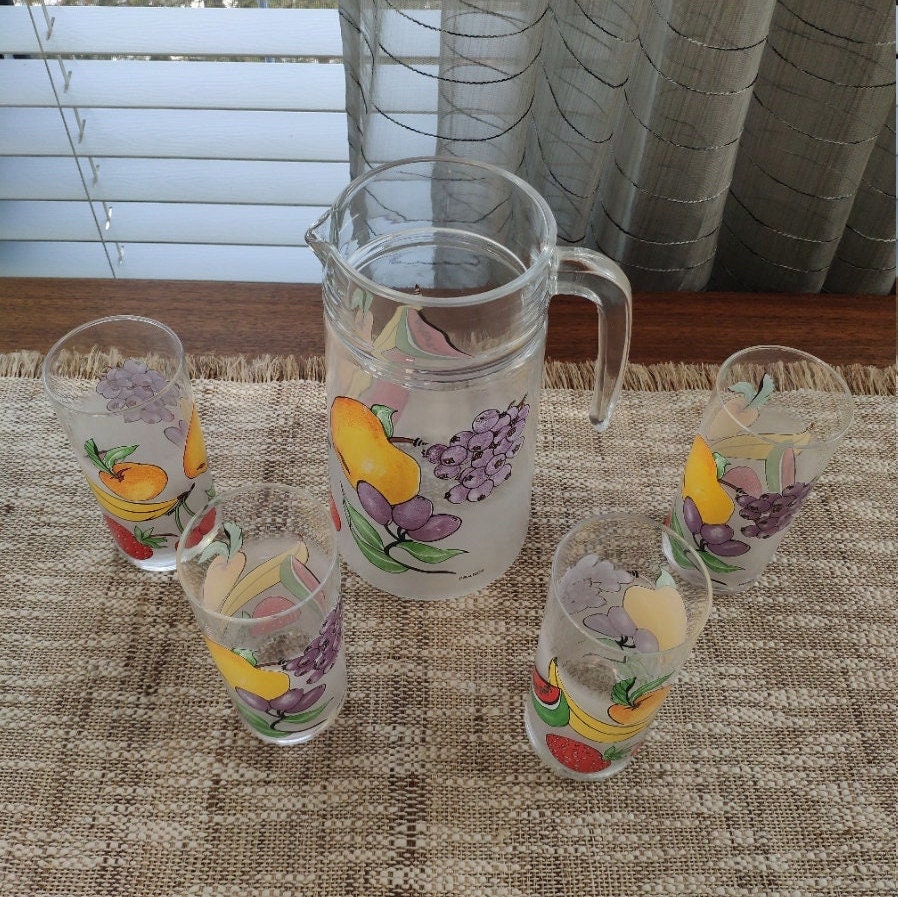 Vintage French Glass Juice Pitcher 6 Glasses, Colourful Fruit With Frosted  Glass, Summer Kitchen, 1980s 