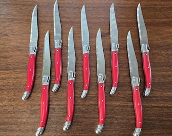 Juego de 9 cuchillos Laguiole France, fabricado en Francia, vintage, de acrílico rojo perlado y acero inoxidable, firmado