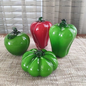 Art Glass Fruit Vegetables Set of 4 Vintage Large Hand Blown 2 Bell Peppers, 1 Pimento Pepper and an Apple