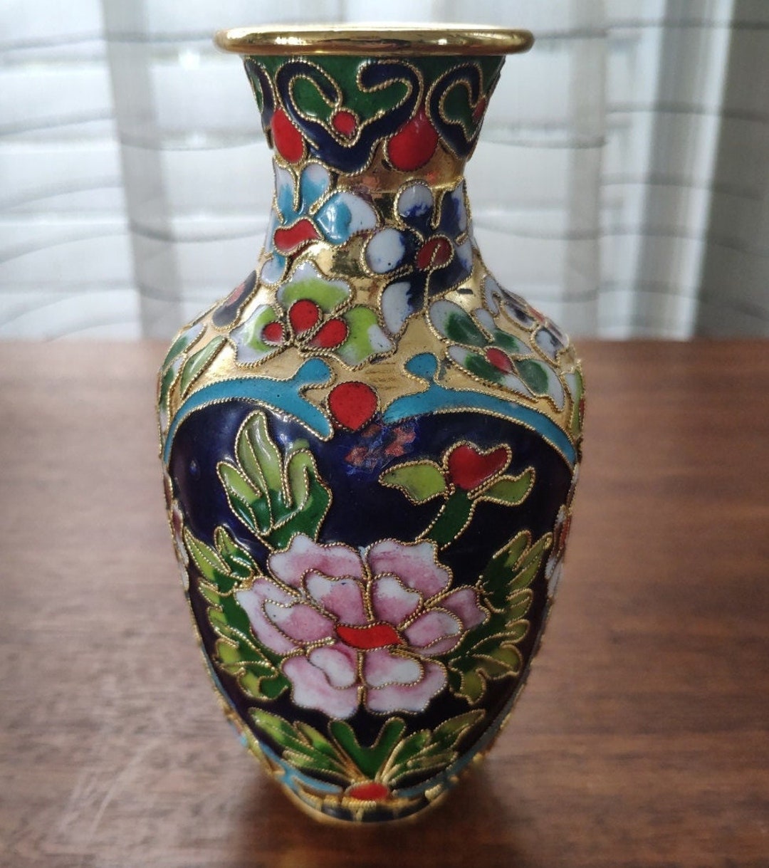 Cloisonne Enameled Brass Vase, Vintage Embossed Relief Small Vase, 5.25