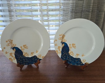 Portobello by Inspire Peacock Plates Set of 2, Vintage Designed in England Bone China Dishes, 11"