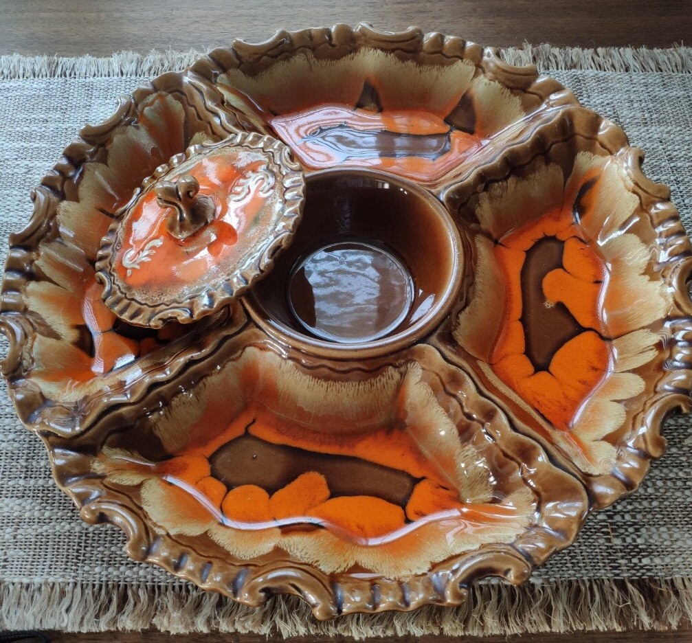 MCM Chip and Dip Platter Tray Drip Glaze Pottery Sectioned Etsy UK
