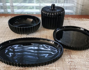 LE Smith Black Amethyst Glass Set of 4, Vintage Ribbed Fluted Glass Lidded Jar, 1 Round Dish, 1 Oval Dish and 1 Bowl