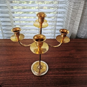 Brass 5 Branch Arm Candelabra Tube Scroll Arms, Vintage Tall Candlestick Holder 13&quot;