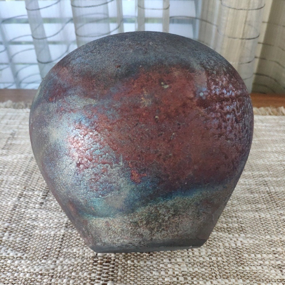 Bulbous Raku Metallic Iridescent Vase, Vintage Studio Art Pottery Round ...