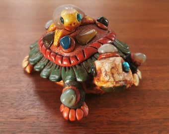 Clay Turtle with Baby Tortoise on Back with Gemstones, Vintage Hand Made in Mexico Folk Art Polymer Clay Figurine 5" Signed