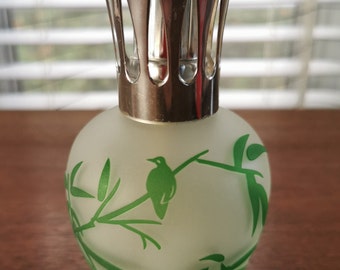 Diffusore di aromaterapia catalitico in vetro cammeo satinato, lampada purificatrice d'aria in bambù con motivo uccelli vintage, 14 cm.