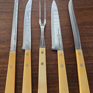 Wear Ever Vanadium Bakelite Knives Set of 5, Vintage Pre Cutco Butterscotch Bakelite Carving, Ham, Bread Knives, and Fork