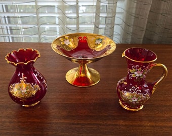 Venetian Murano Ruby Red Set of 3, Vases and Compote Dish, Gilded Hand Enameled Flowers Vintage Art Glass