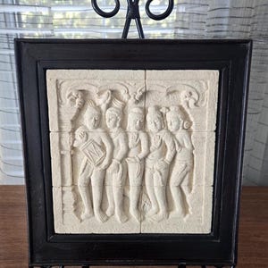Framed Borobudur Panel Replica, Jataka and Avadana. Wood and Relief Textured Stone Vintage Wall Art Frame 10.5"