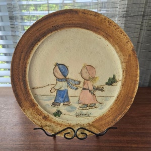 Studio Art Pottery Skating Children Plate 12.5&quot; Signed Hubert Du Roscoat Vintage Canadian Artist Bisque Sgraffito Dish, plate stand included